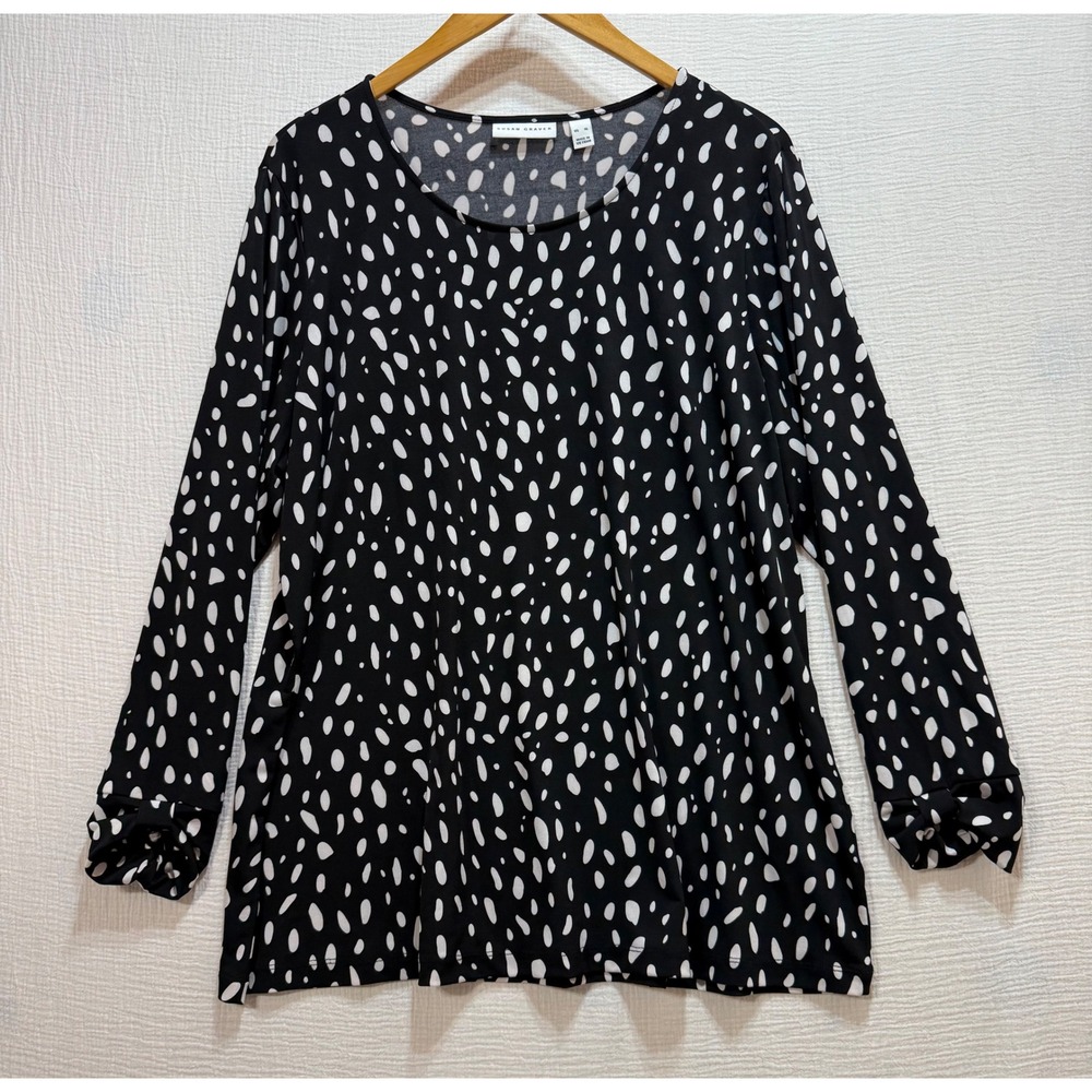 Susan‎ Graver Knit Top Women XL Black White Dot  Ruched Cuff Long Sleeves Office